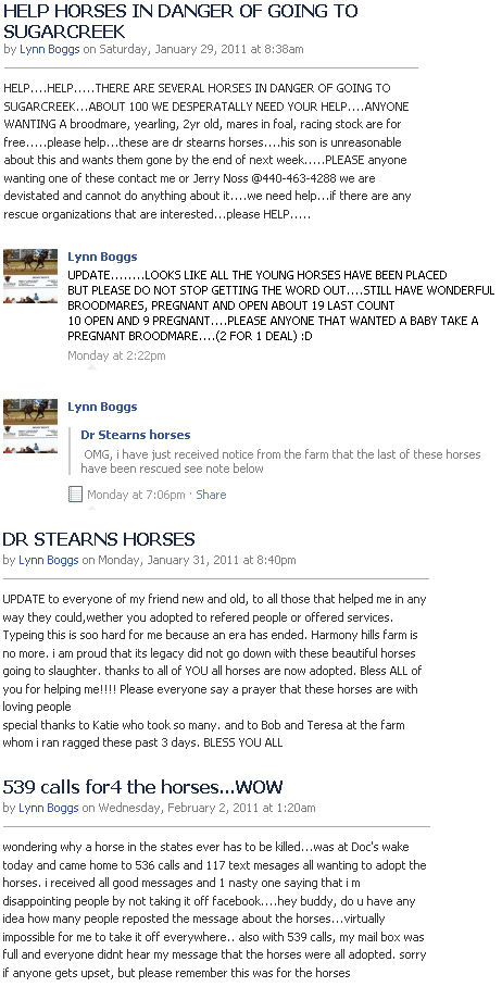 Original Facebook Status Thread by Lynn Boggs regarding the 52 horses in Barnesville, OH